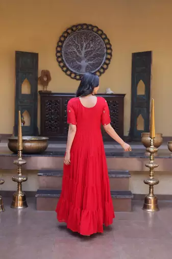 Red color faux blooming embroidered anarkali gown