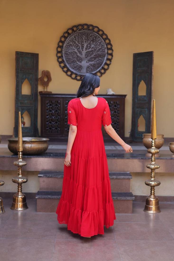 Red color faux blooming embroidered anarkali gown