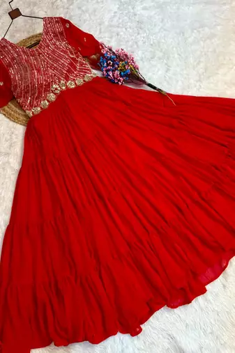 Red color faux blooming embroidered anarkali gown