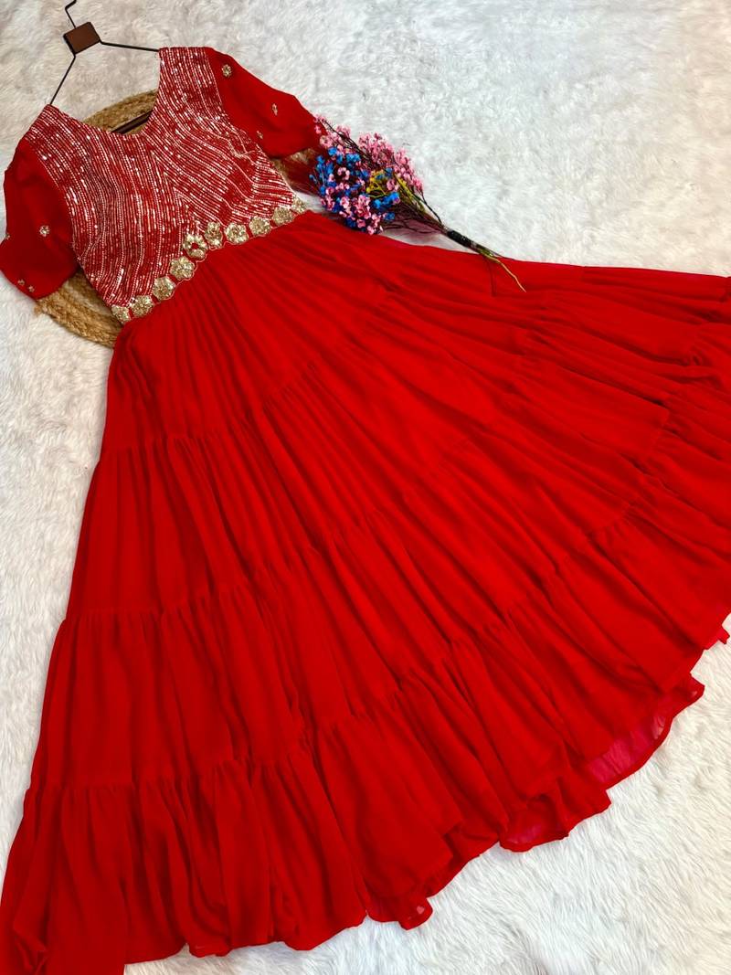 Red color faux blooming embroidered anarkali gown
