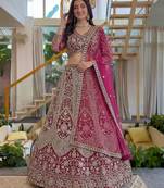 Rani Pink Butterfly Net Embroidered Semi Stitched Lehenga Choli with Dupatta