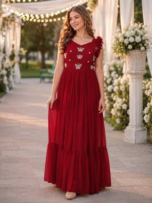 red faux georgette readymade anarkali suit with embroidery & beads work 1