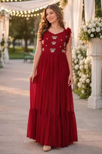 red faux georgette readymade anarkali suit with embroidery & beads work