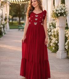red faux georgette readymade anarkali suit with embroidery & beads work
