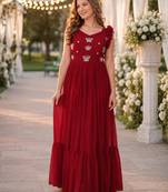 red faux georgette readymade anarkali suit with embroidery & beads work