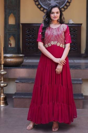 Pink color faux blooming embroidered anarkali gown