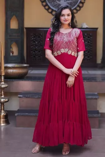 Pink color faux blooming embroidered anarkali gown