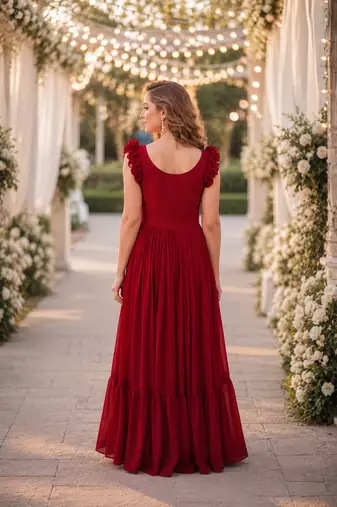 red faux georgette readymade anarkali suit with embroidery & beads work
