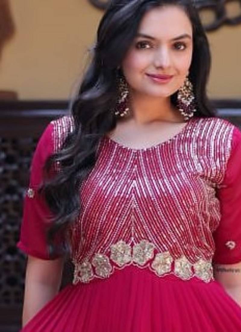 Pink color faux blooming embroidered anarkali gown