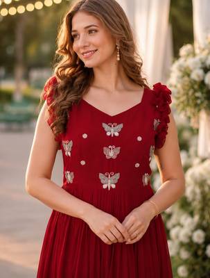 red faux georgette readymade anarkali suit with embroidery & beads work 3
