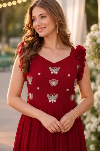 red faux georgette readymade anarkali suit with embroidery & beads work