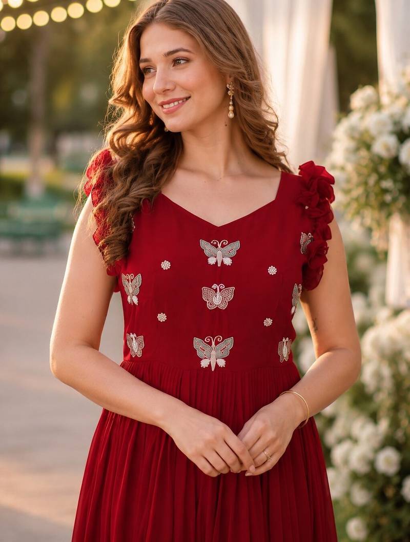 red faux georgette readymade anarkali suit with embroidery & beads work