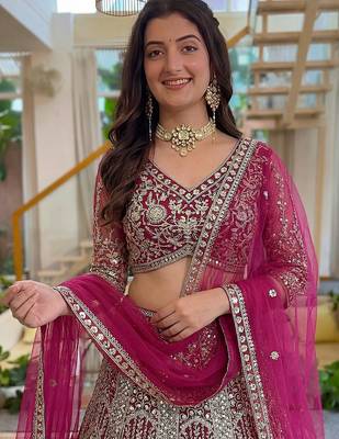Rani Pink Butterfly Net Embroidered Semi Stitched Lehenga Choli with Dupatta 3