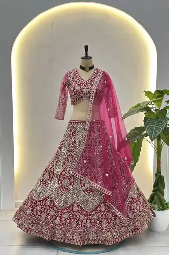 Rani Pink Butterfly Net Embroidered Semi Stitched Lehenga Choli with Dupatta