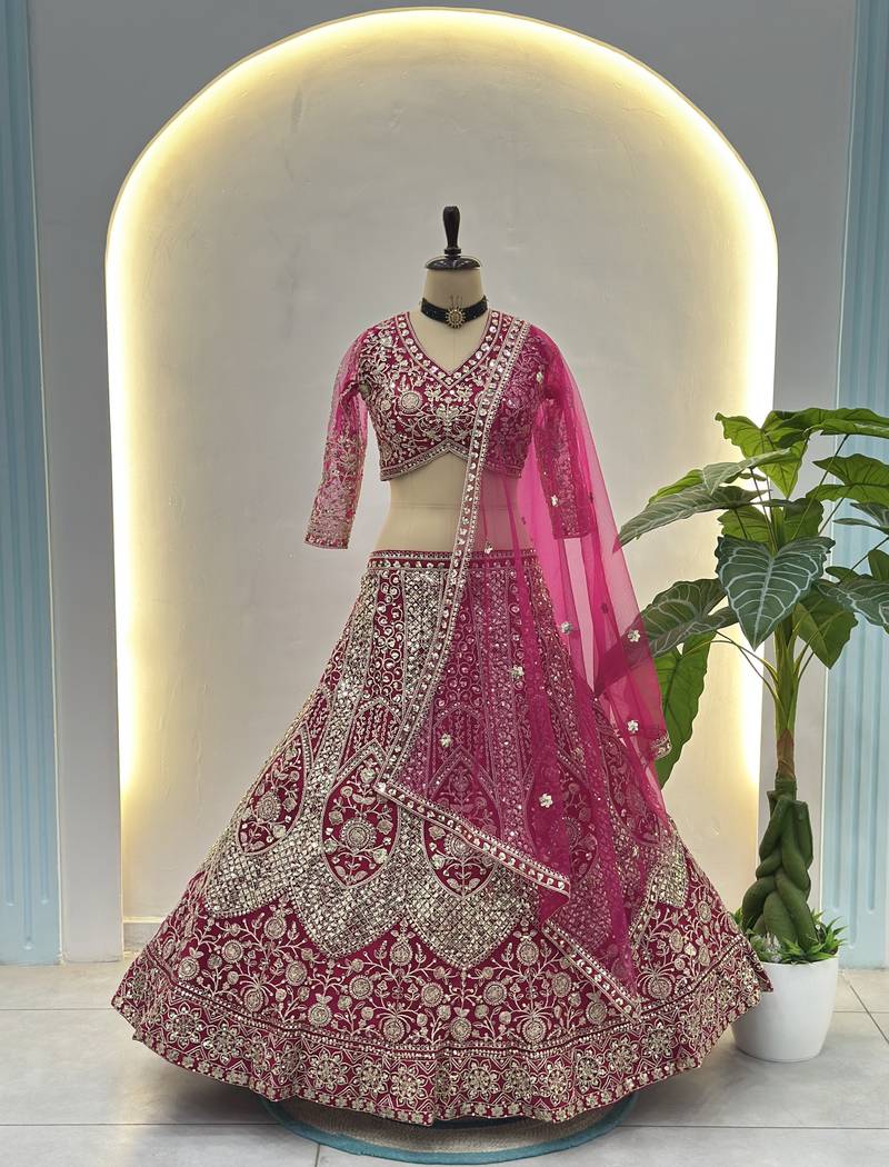 Rani Pink Butterfly Net Embroidered Semi Stitched Lehenga Choli with Dupatta