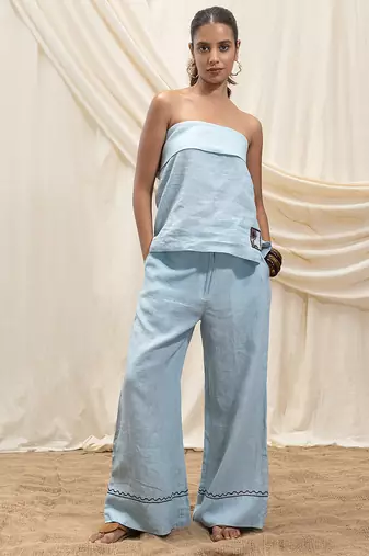 Powder blue linen wide leg trouser
