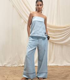 Powder blue linen wide leg trouser