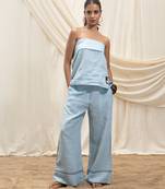 Powder blue linen wide leg trouser