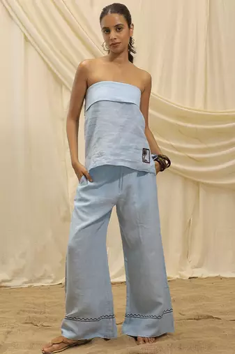 Powder blue linen wide leg trouser