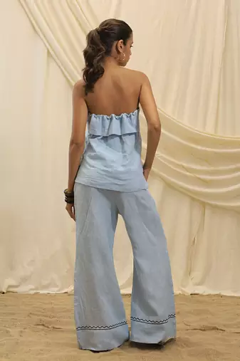 Powder blue linen wide leg trouser
