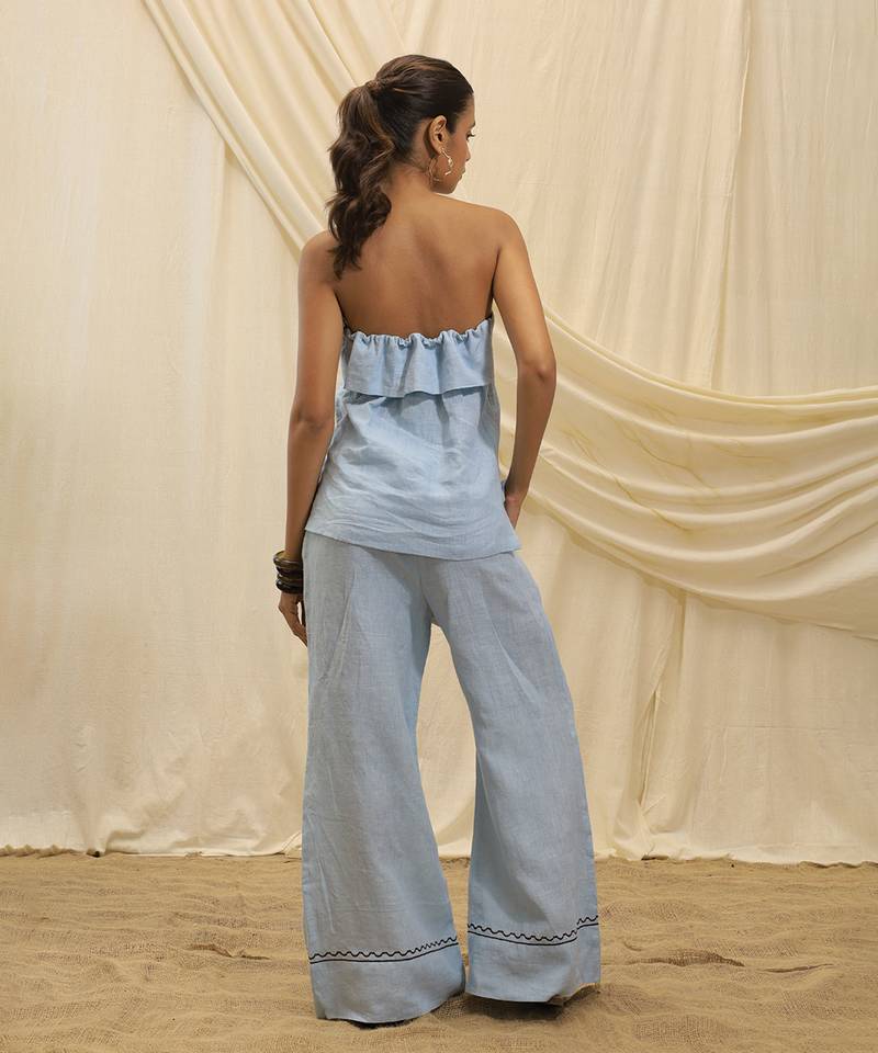 Powder blue linen wide leg trouser