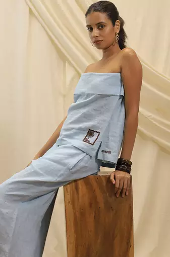 Powder blue linen wide leg trouser