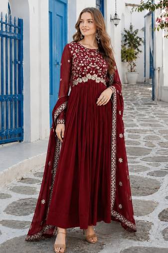 maroon faux georgette readymade anarkali suit with Sequin & embroidery work