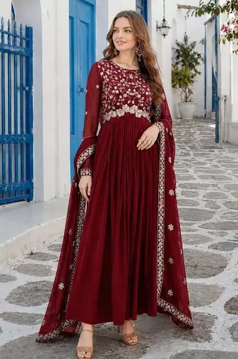 maroon faux georgette readymade anarkali suit with Sequin & embroidery work