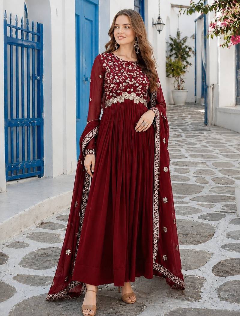 maroon faux georgette readymade anarkali suit with Sequin & embroidery work