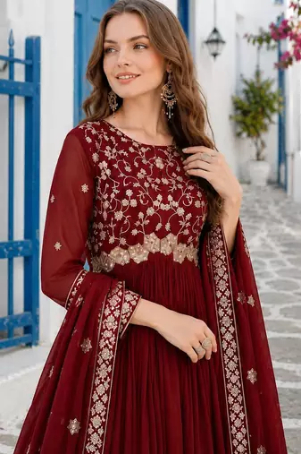 maroon faux georgette readymade anarkali suit with Sequin & embroidery work