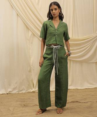 Olive green linen wide leg trouser 1