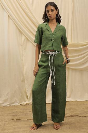Olive green linen wide leg trouser