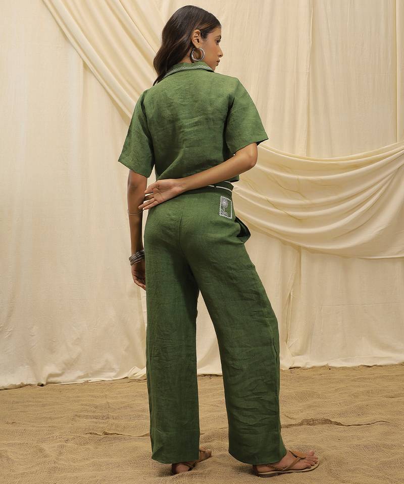 Olive green linen wide leg trouser