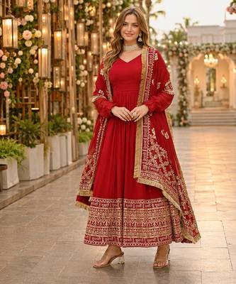 maroon faux georgette readymade anarkali suit with embroidery & zari work 1