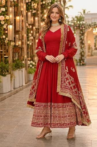 maroon faux georgette readymade anarkali suit with embroidery & zari work