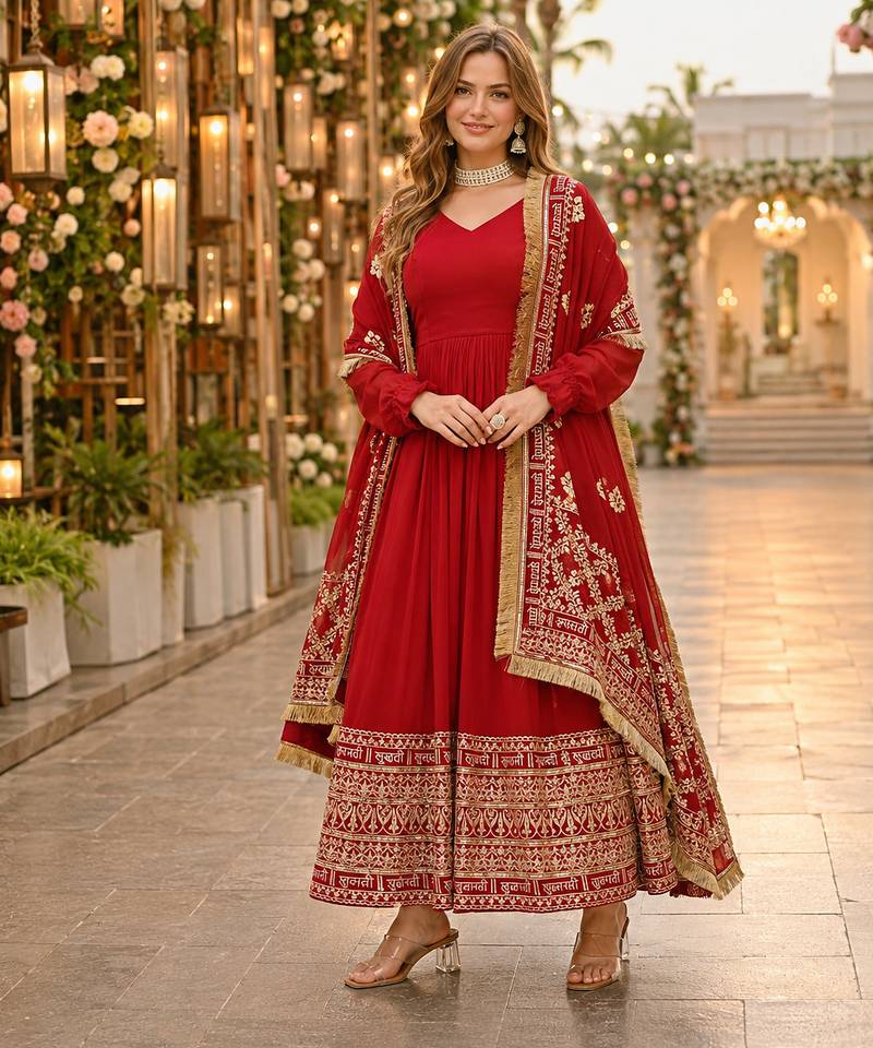 maroon faux georgette readymade anarkali suit with embroidery & zari work