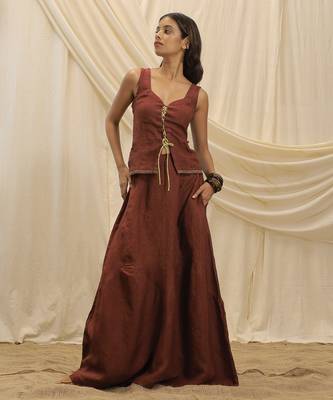 Maroon linen paneled skirt 1