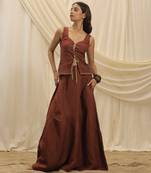 Maroon linen paneled skirt