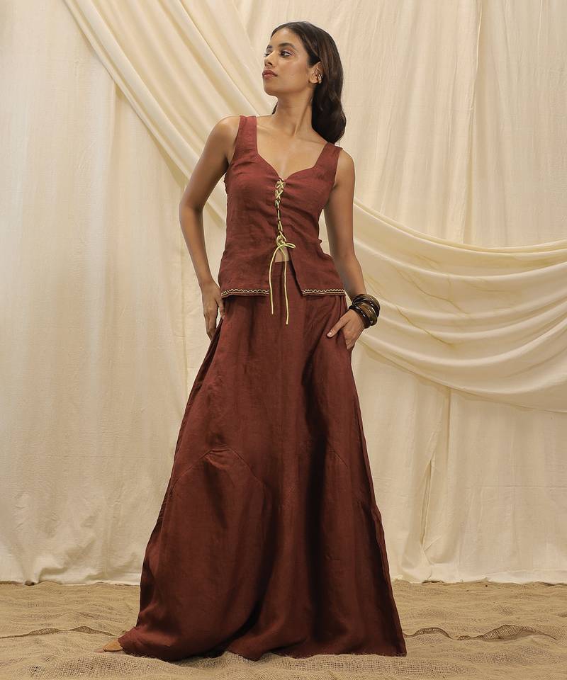 Maroon linen paneled skirt