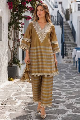 mustard&grey tissue readymade suit with mirror & embroidery work