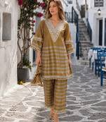 mustard&grey tissue readymade suit with mirror & embroidery work
