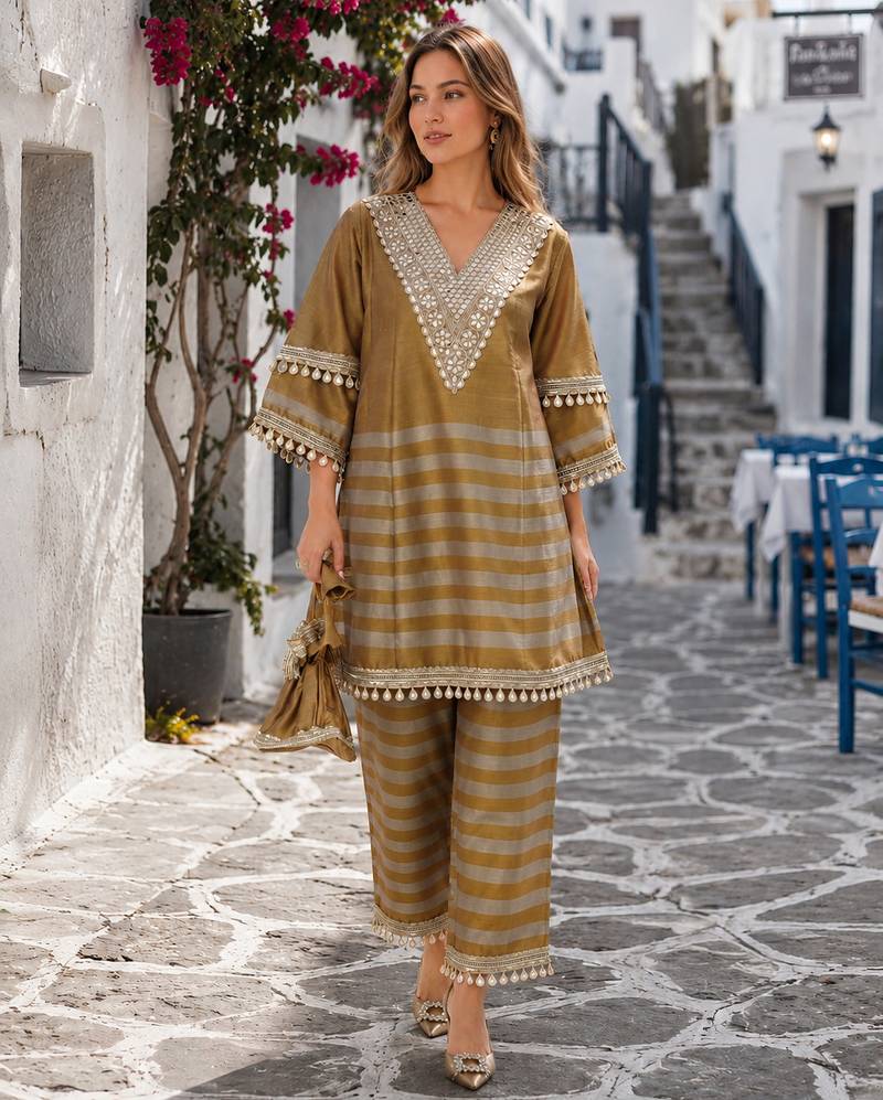 mustard&grey tissue readymade suit with mirror & embroidery work