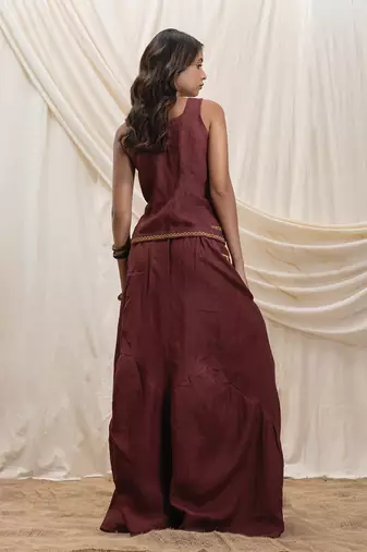 Maroon linen paneled skirt