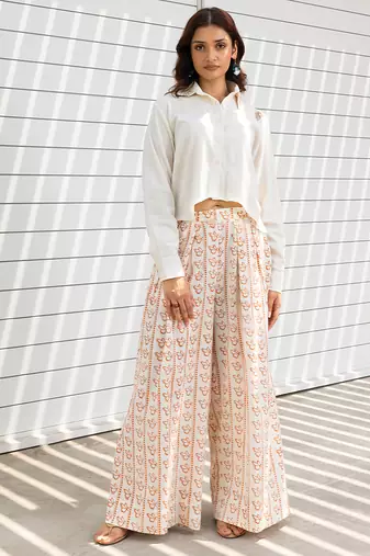 Ivory printed cotton trouser