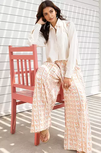 Ivory printed cotton trouser