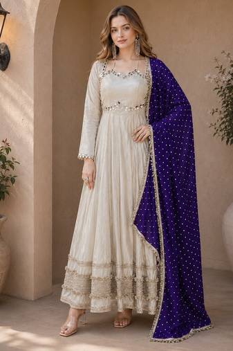 violet&beige silk blend readymade anarkali suit with mirror & embroidery work