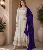 violet&beige silk blend readymade anarkali suit with mirror & embroidery work