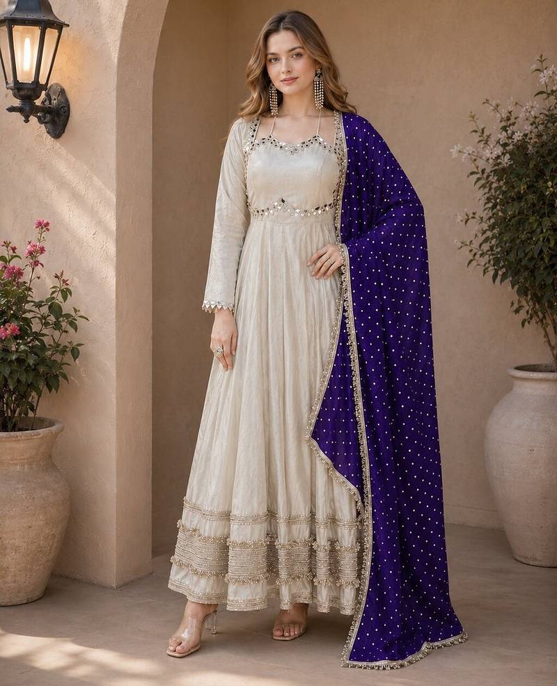 violet&beige silk blend readymade anarkali suit with mirror & embroidery work