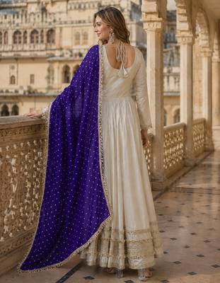 violet&beige silk blend readymade anarkali suit with mirror & embroidery work 2