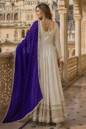 violet&beige silk blend readymade anarkali suit with mirror & embroidery work